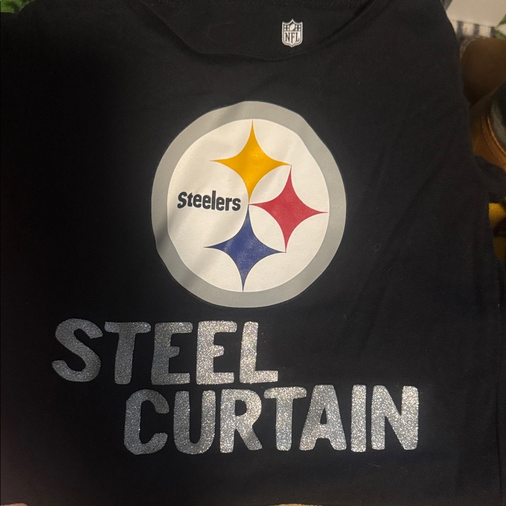 NFL Steelers Black Tee with Logo and Steel Curtain Design